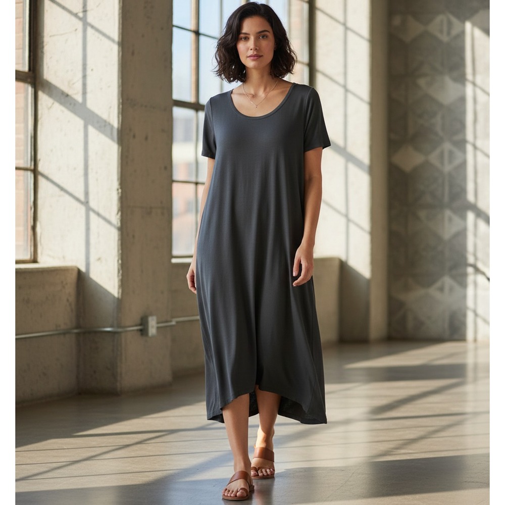 Joan Vass 1X‎ Midi Dress Gray Jersey Knit Womens Comfy Casual Athleisure Granola